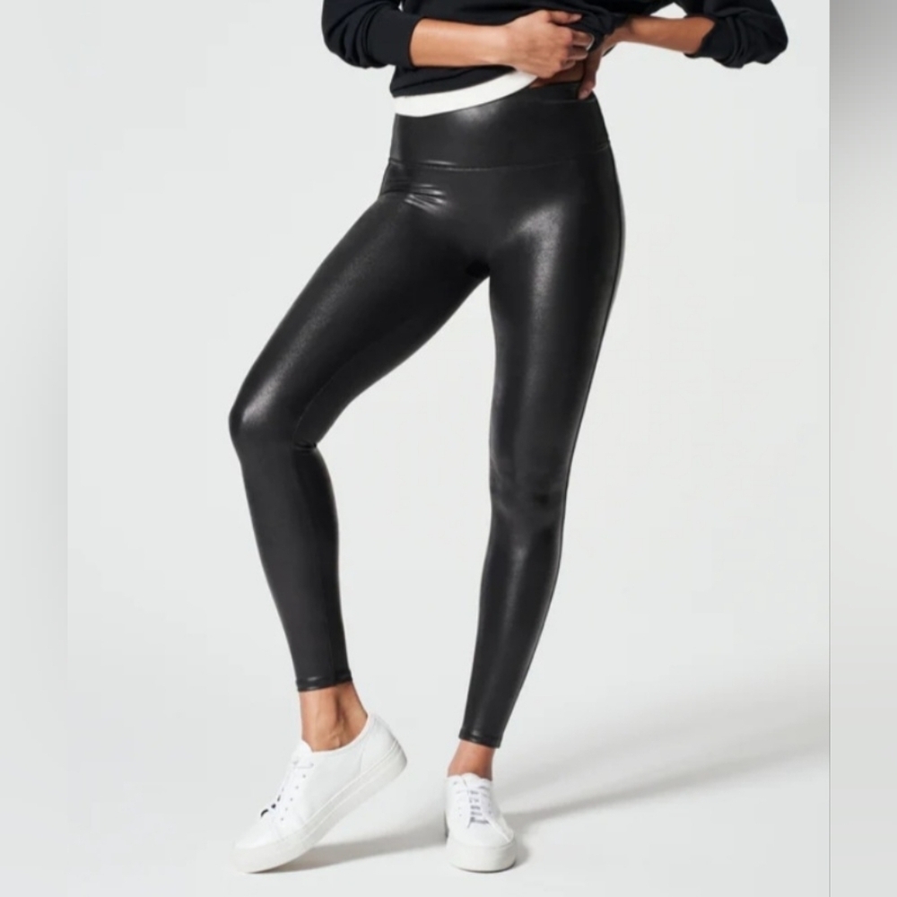 SPANX Black Faux Leather High Waisted Leggings Women’s Sculpting Stretch